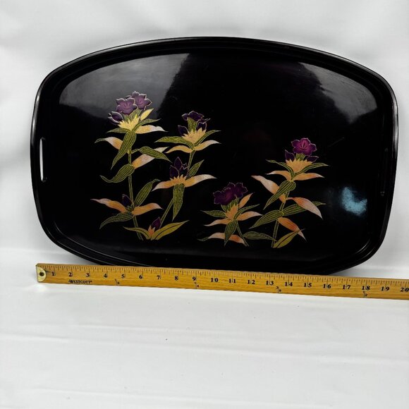 Vtg Toyo Japan Lacquer Ware 19x12" Black Floral Serving Tray Handles Round READ - Picture 5 of 14